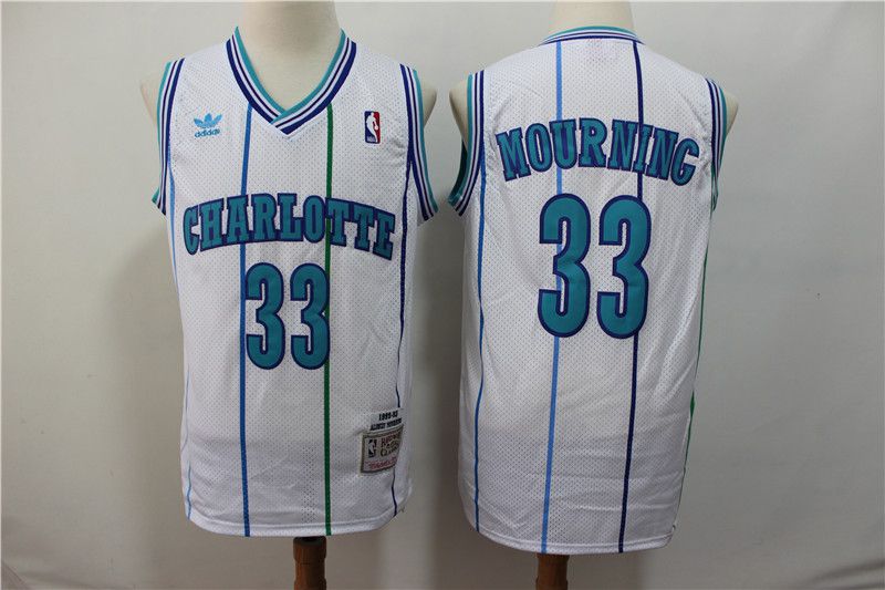 Men Charlotte Hornets #33 Mourning White Throwback Adidas NBA Jerseys